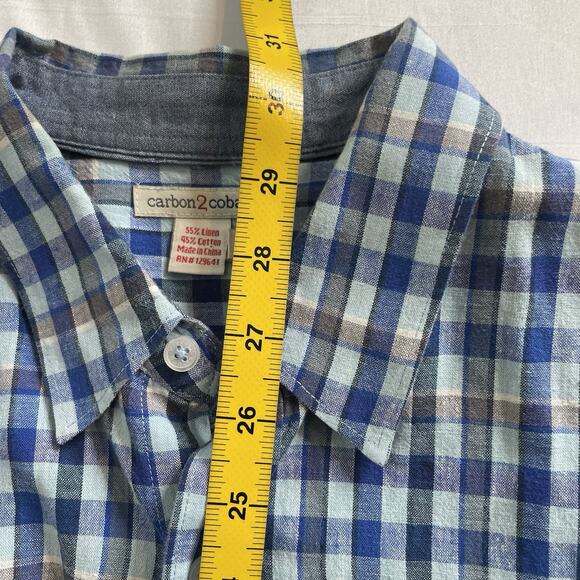 Carbon 2 Cobalt Men's Linen Check Button Up Shirt Size L Preppy Old Money Casual - Picture 3 of 13